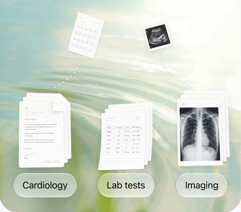 Loose documents sorted into three stacks labelled Cardiology, Lab tests and Imaging.